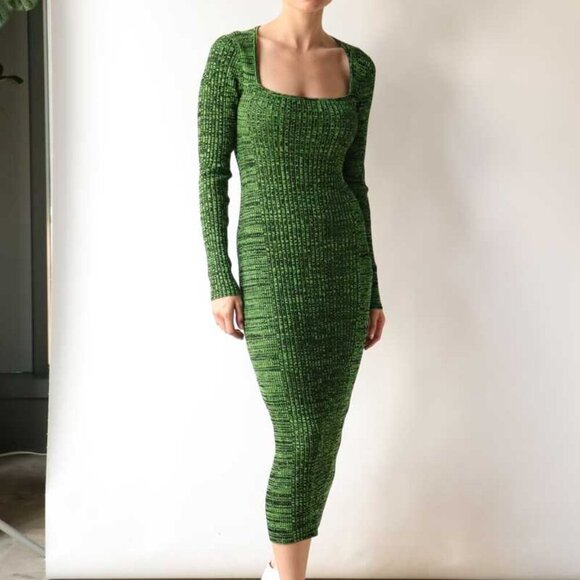 Ganni Melange Dress Midi Green Knit Long Sleeve Bodycon XS - Picture 3 of 11
